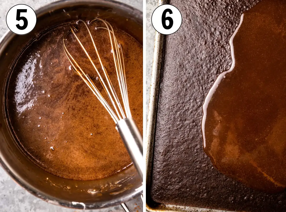 How to make Texas Sheet Cake showing fudge icing being made and poured over the cake. 