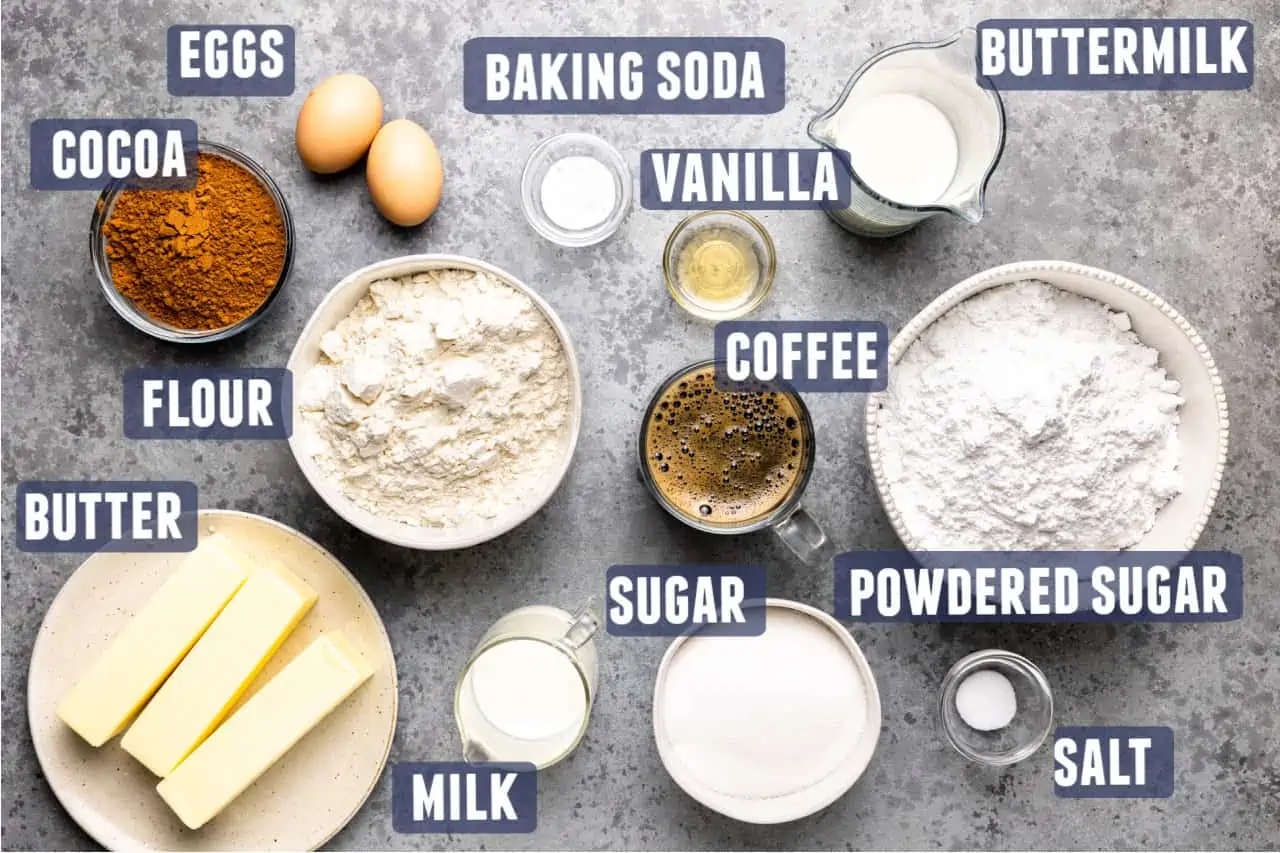 Ingredients needed to make Texas Sheet Cake laid out on the counter. 