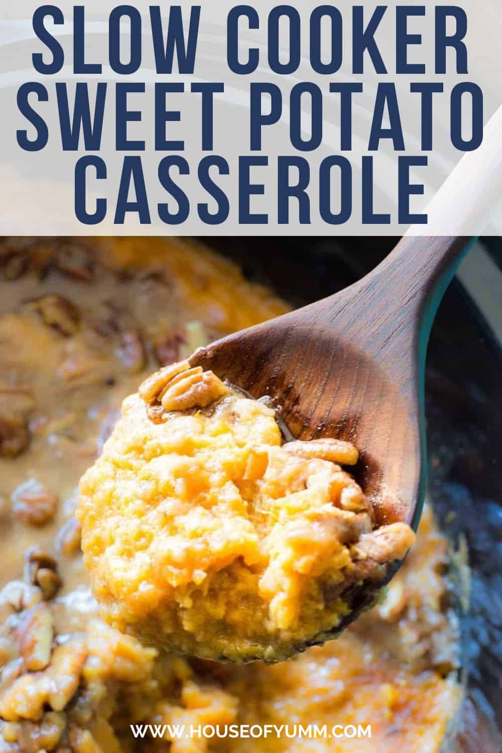 Slow cooker sweet potato casserole with text.