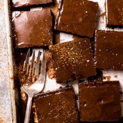 Overhead view of texas sheet cake cut into slices and sprinkled with extra cocoa powder.
