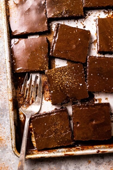 Overhead view of texas sheet cake cut into slices and sprinkled with extra cocoa powder.