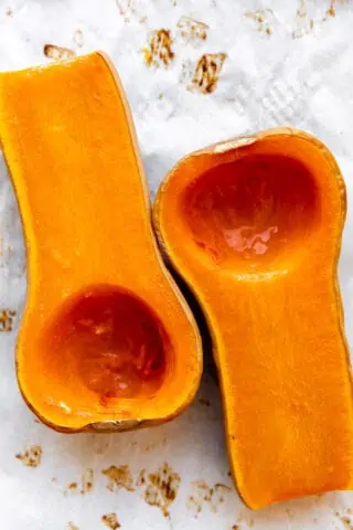Halved butternut squash for roasting.