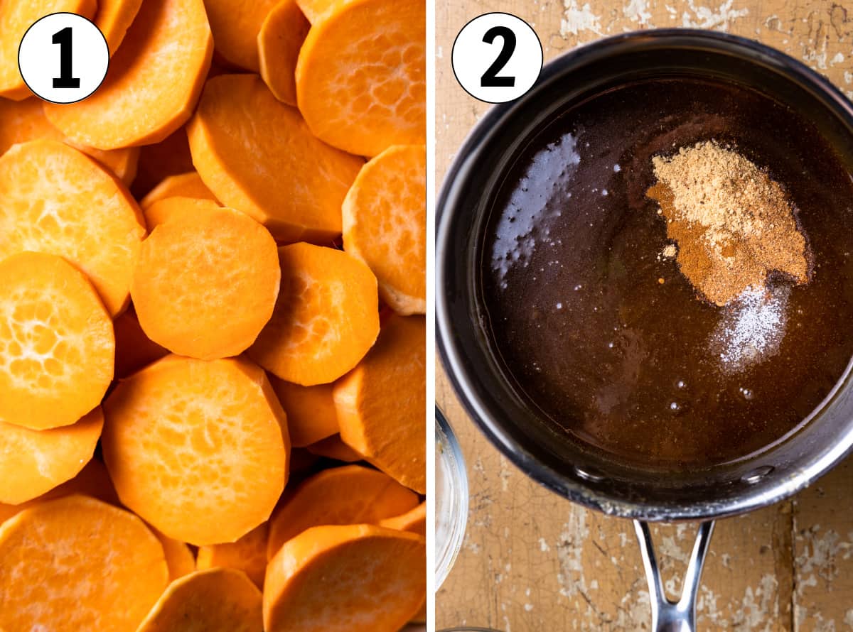 How to make candied sweet potatoes, showing slicing the potatoes and preparing the brown sugar sauce to pour over top.