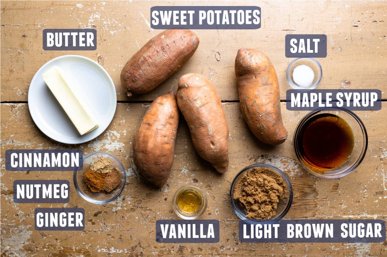 Ingredients needed to make candied sweet potatoes laid out on the counter. 