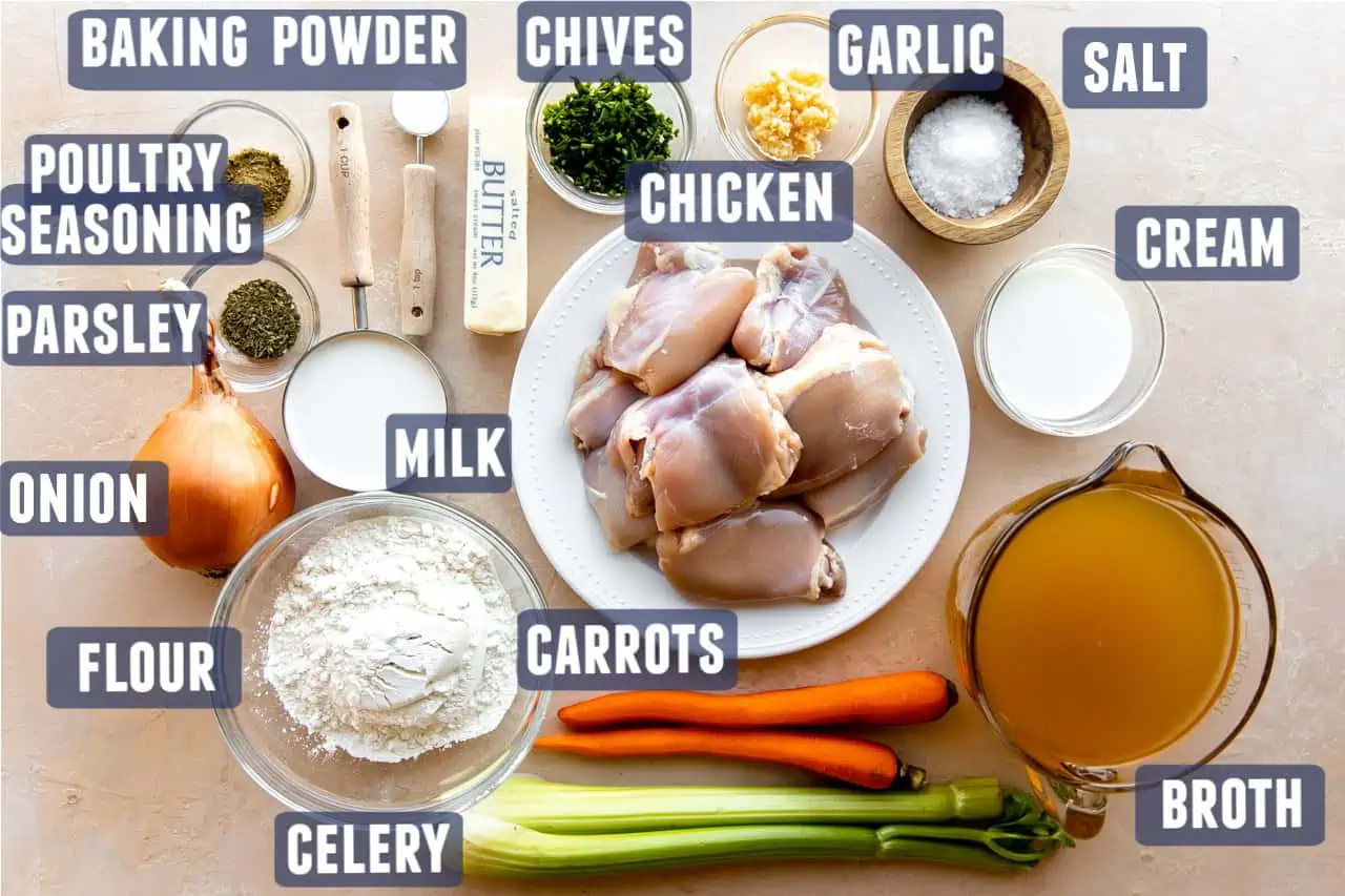 Ingredients needed to make Chicken and Dumplings laid out on the counter. 
