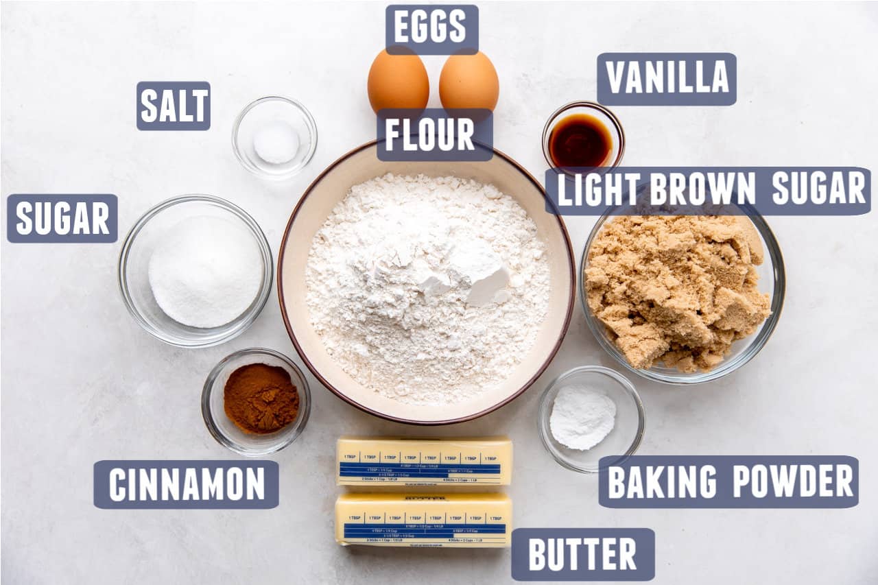 Ingredients needed to make cinnamon blondies laid out on the counter.