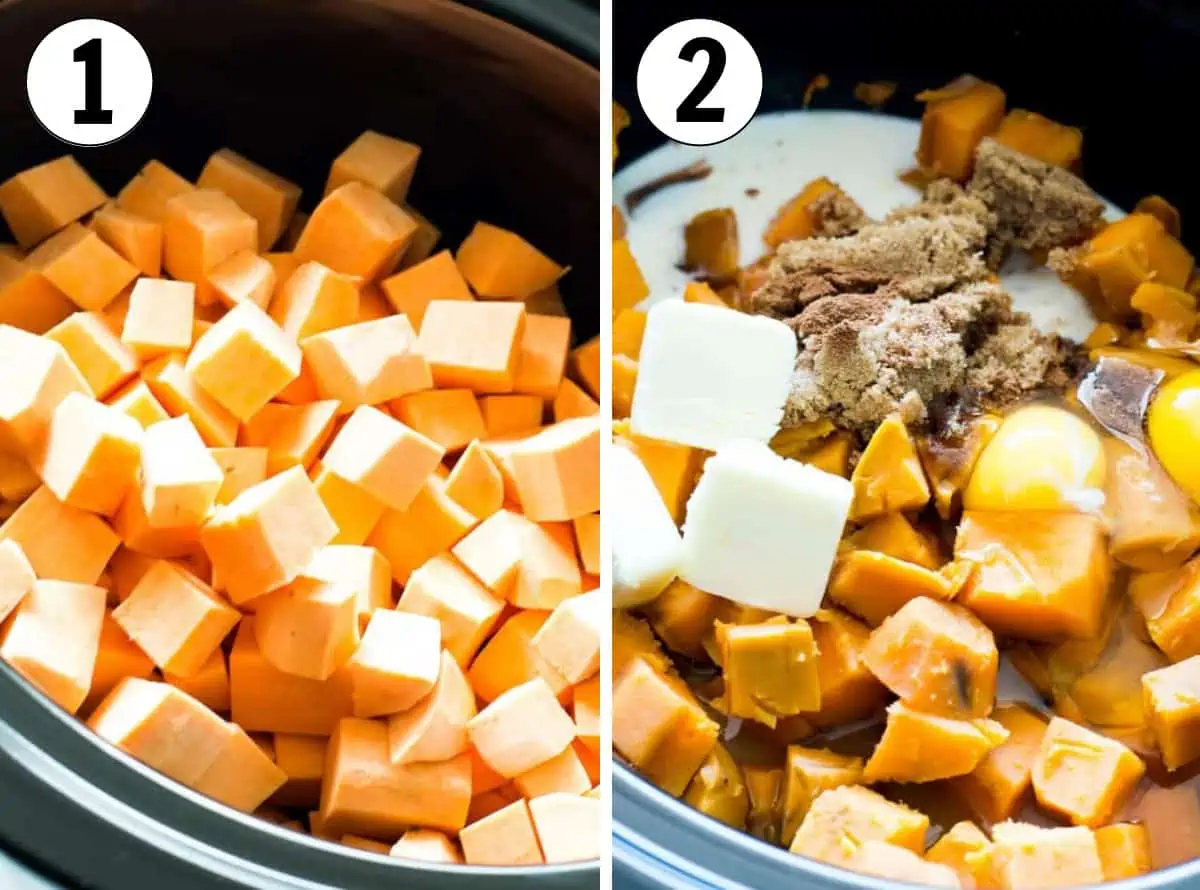How to make sweet potato casserole in slow cooker, showing cubed sweet potato before cooking, then after being cooked and adding ingredients to season and sweeten. 