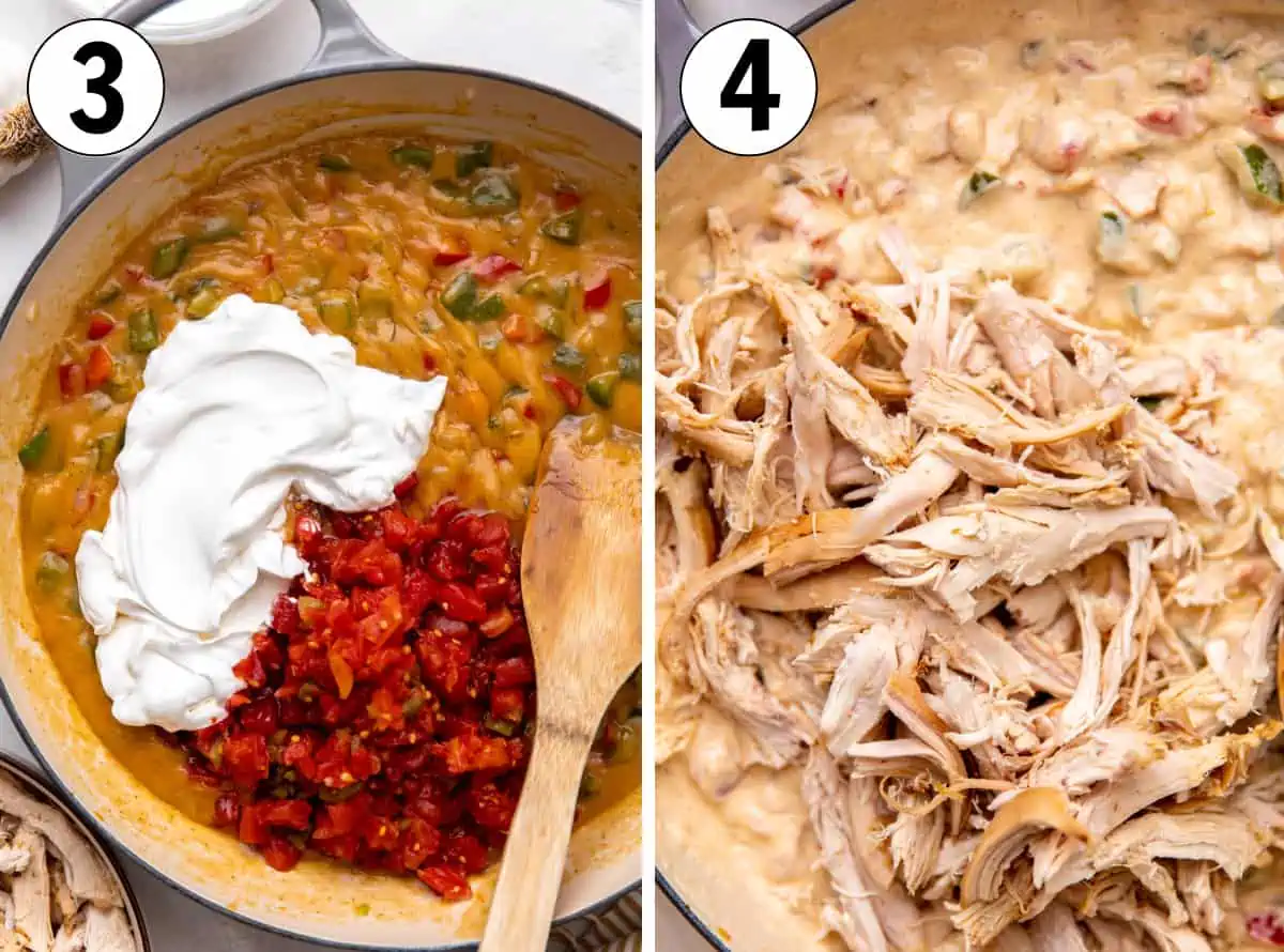 How to make King Ranch Chicken Casserole showing adding diced tomatoes, sour cream and shredded chicken to homemade sauce. 