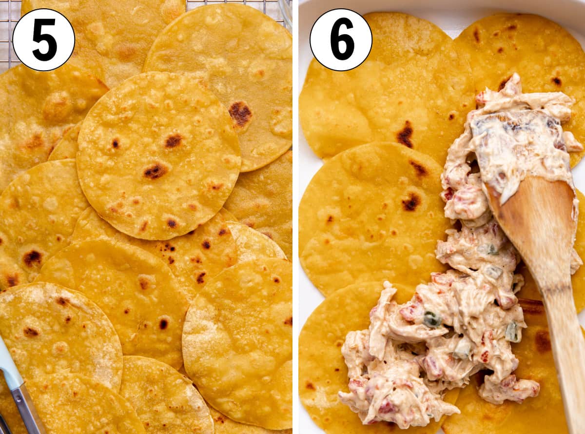 How to make King Ranch Chicken Casserole, layering fried tortillas with chicken cream mixture. 