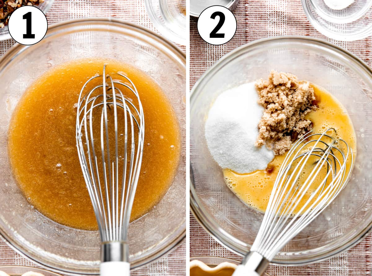 How to make pecan pie showing combining wet ingredients and adding sugars.