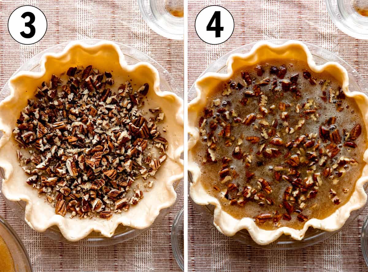 How to make pecan pie showing pecans in a pie crust and then with wet ingredients poured over the top.