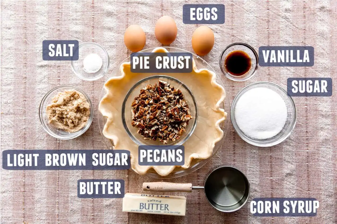 Ingredients needed to make pecan pie laid on the counter.