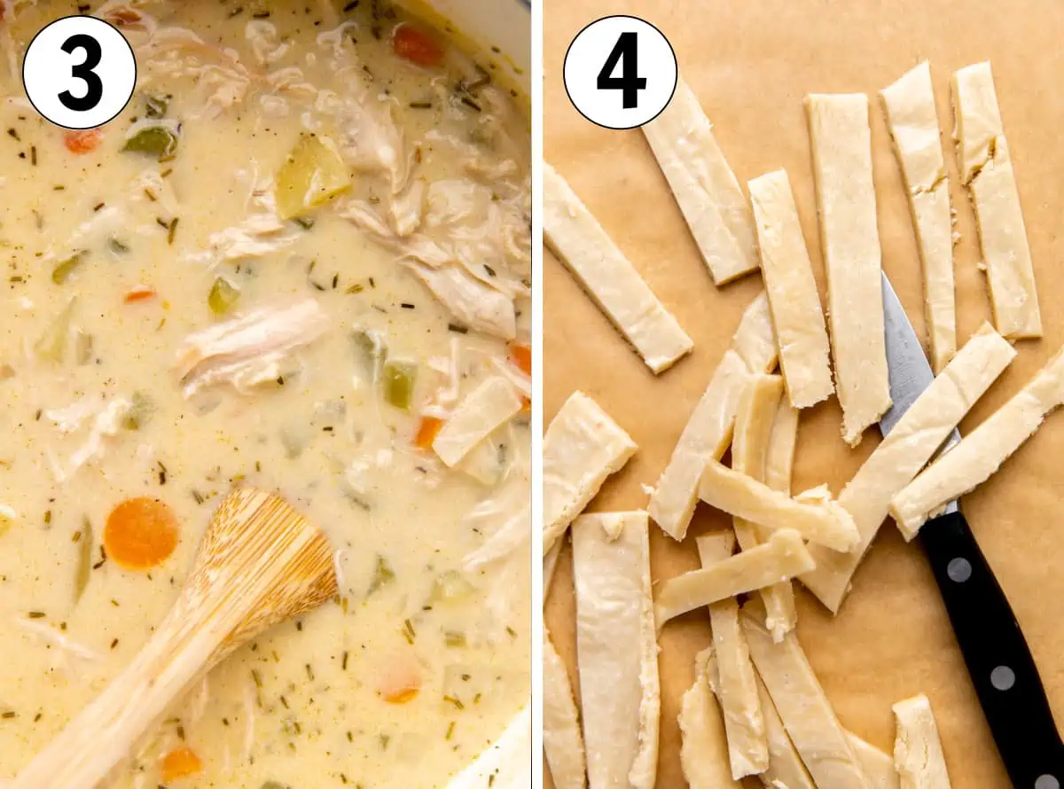 How to make pot pie soup, showing cream added to soup, and pie crust sliced to make soup topping.