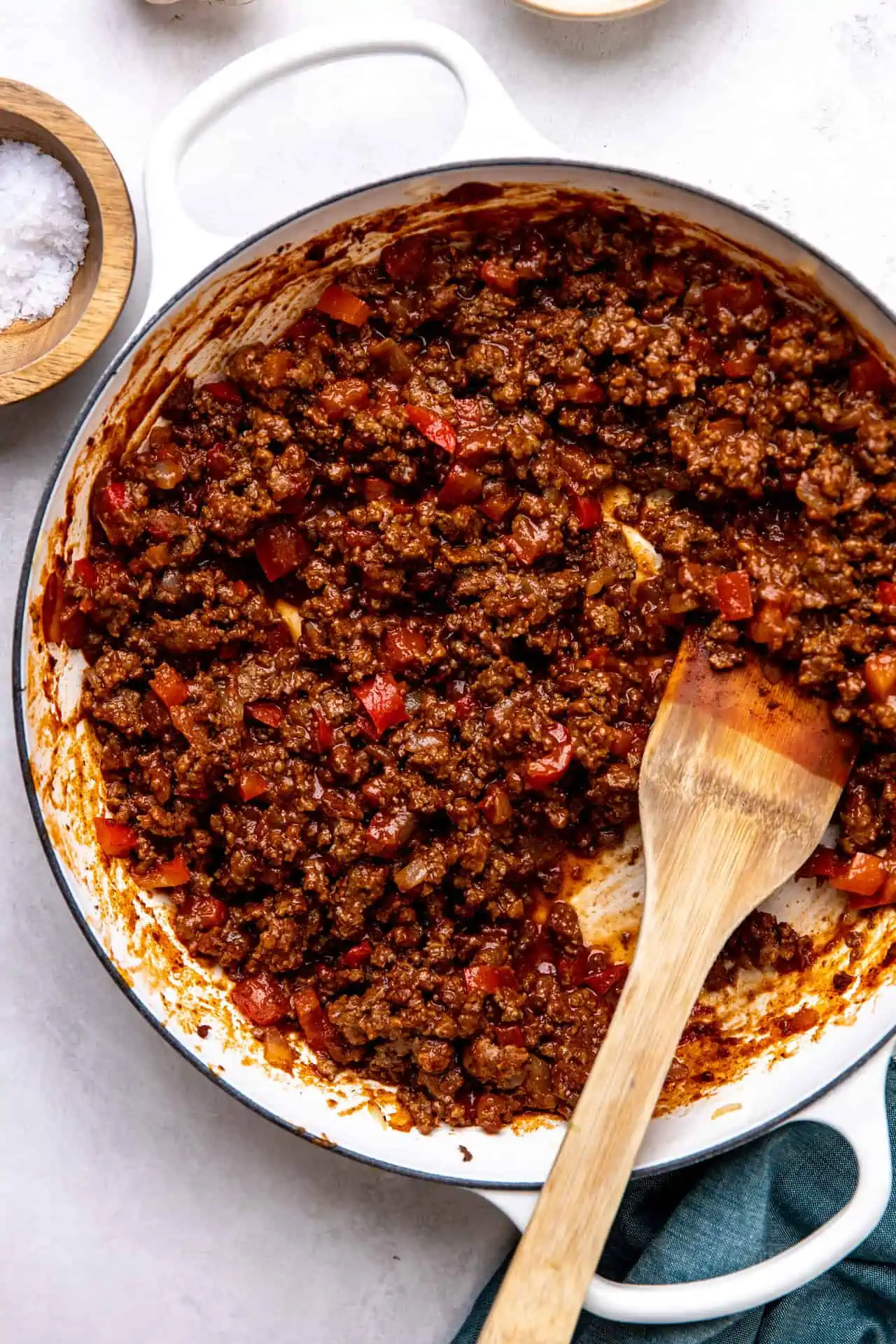 Skillet filled with cooked old fashioned sloppy joes with homemade sauce.