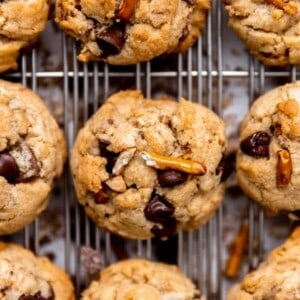 Overhead of brown butter chocolate chip cookies with pretzels.