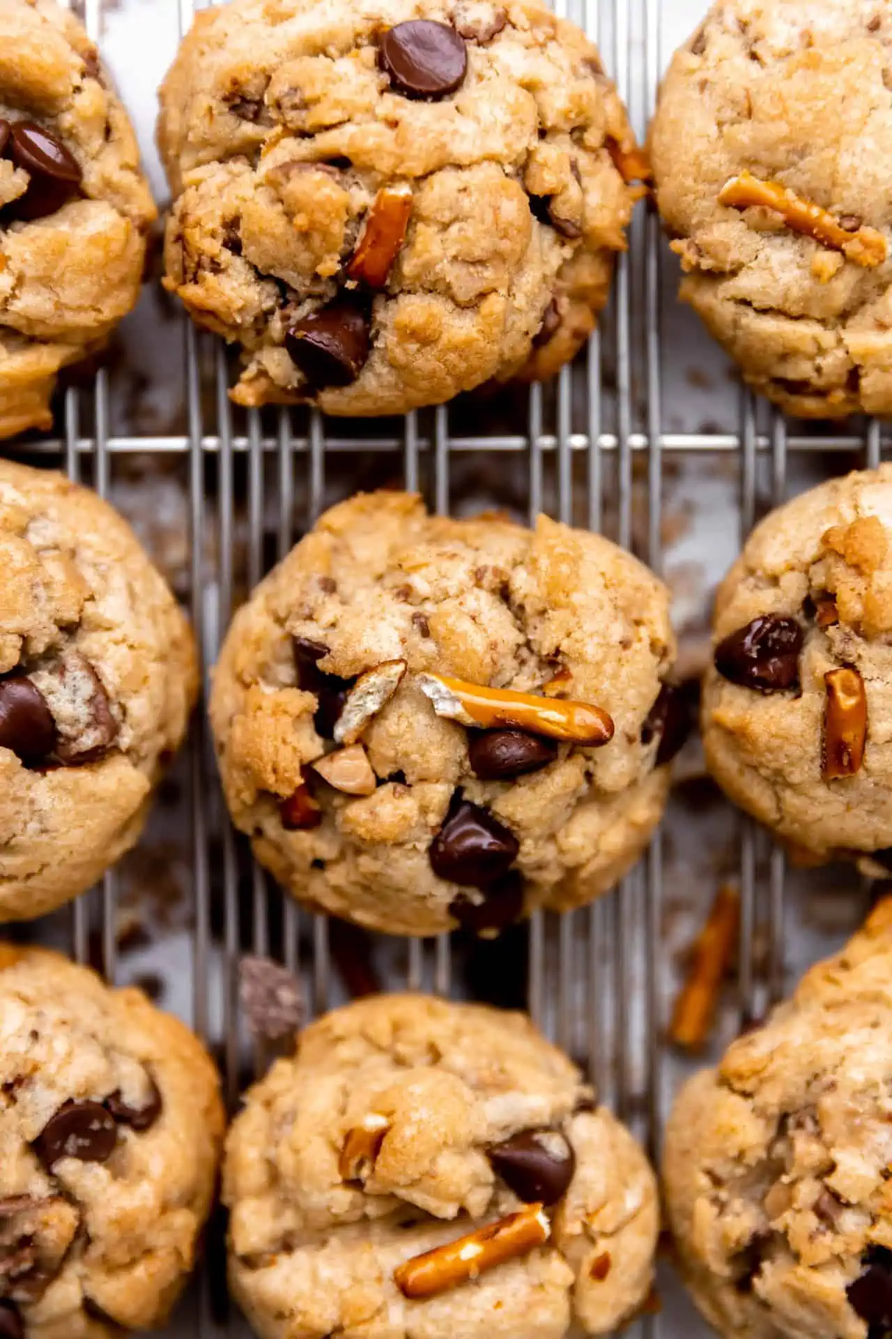 Overhead of brown butter chocolate chip cookies with pretzels.