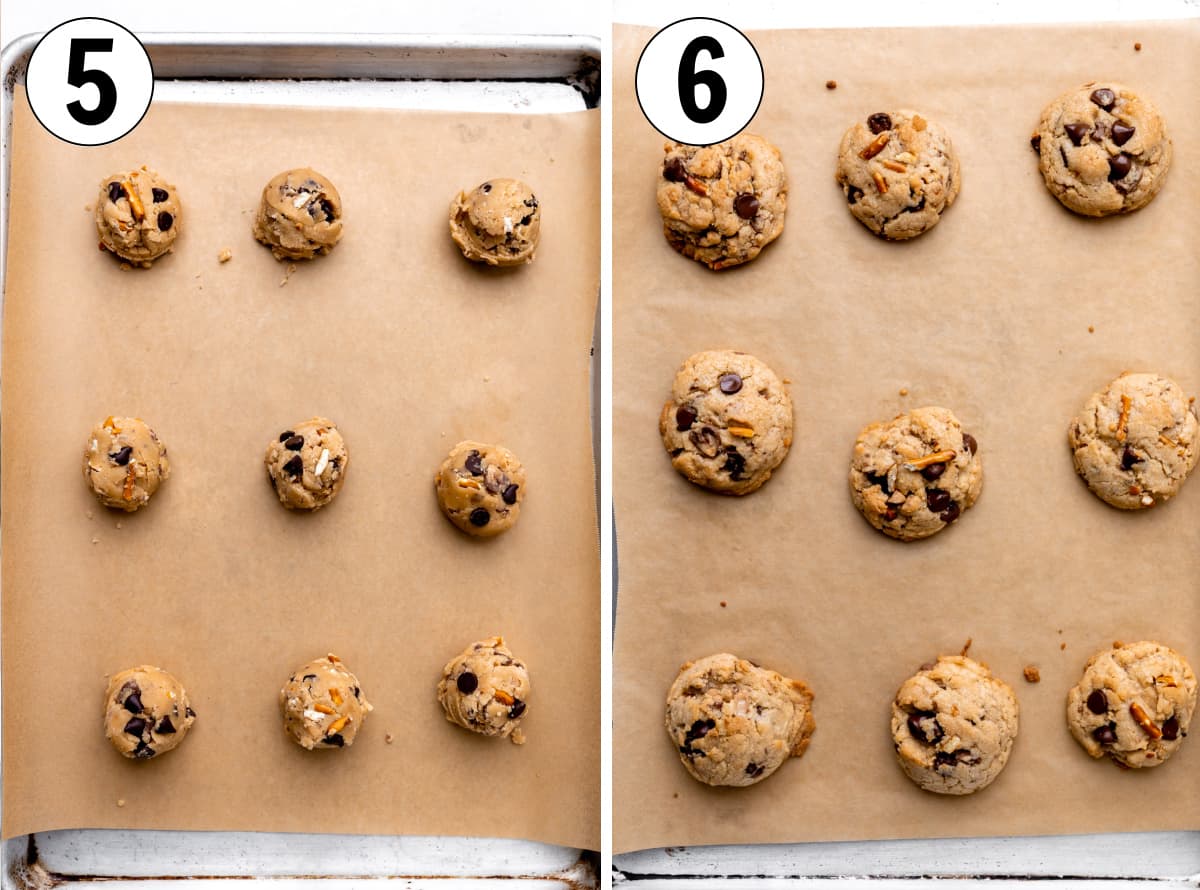 Cookie dough scooped and on a large baking sheet with parchment paper, then after being baked.