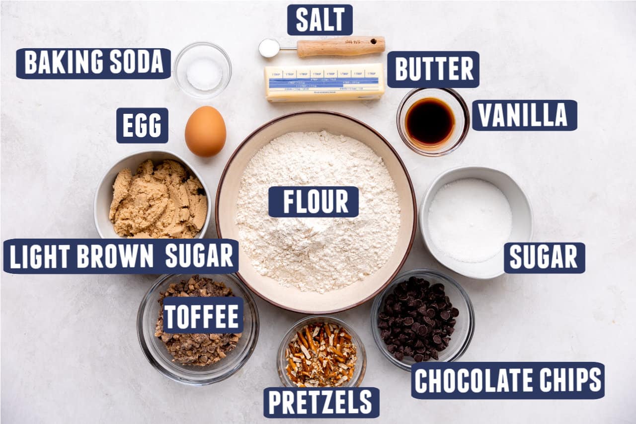 Ingredients needed to make Brown Butter Kitchen Sink Cookies laid out on the counter.