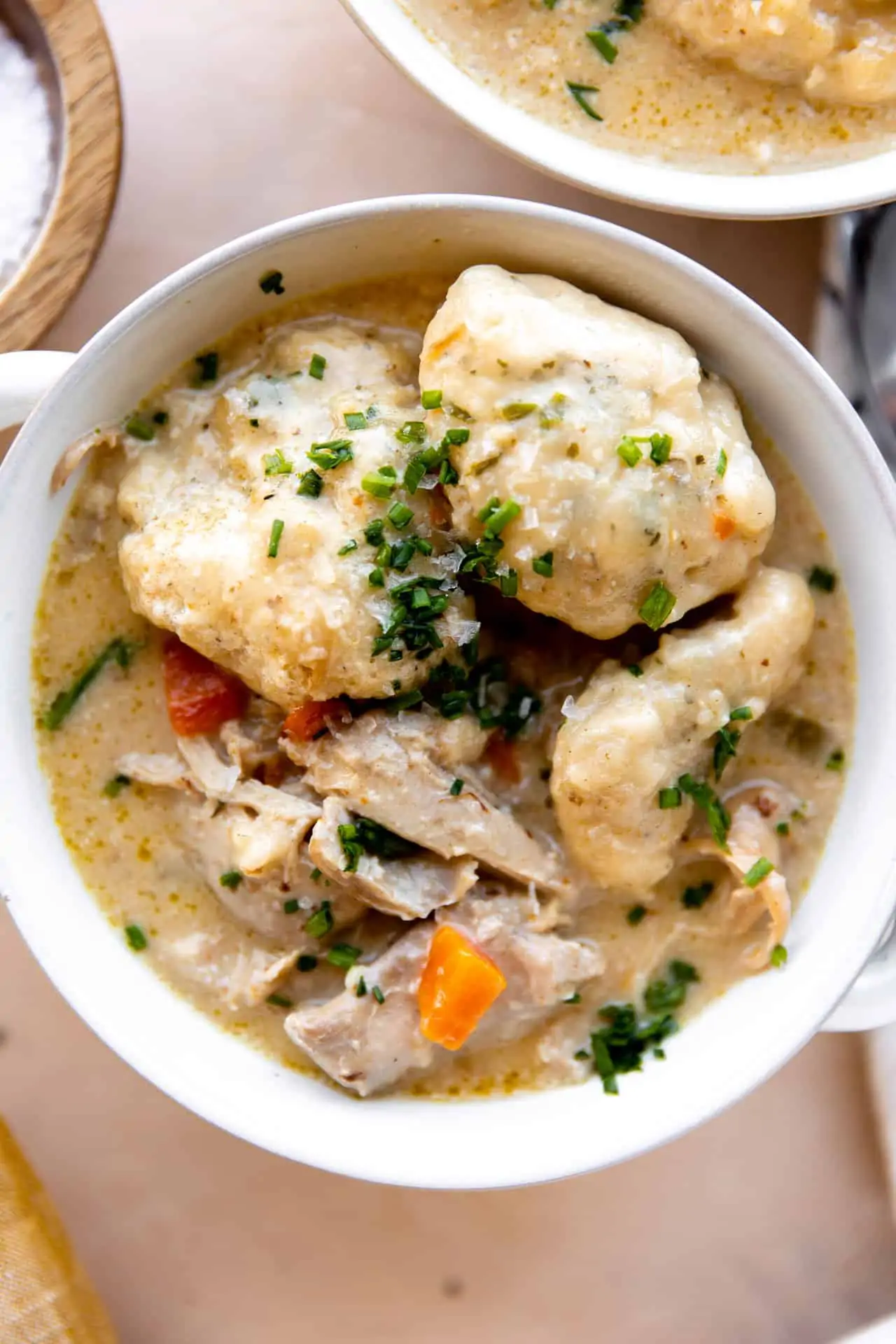 Bowl of chicken and dumplings topped with fresh chives. 