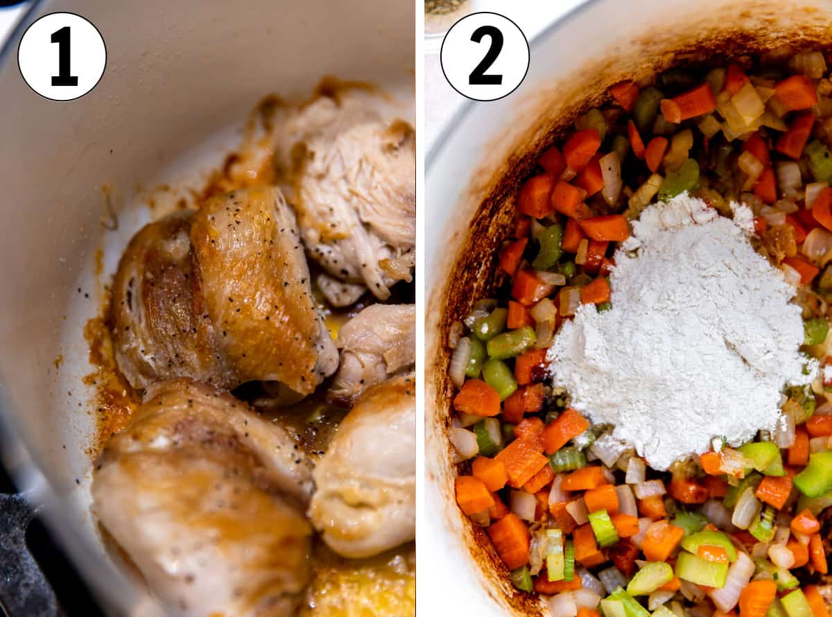 How to make homemade chicken and dumplings, searing the chicken in a dutch oven, then cooking the mirepoix with flour. 