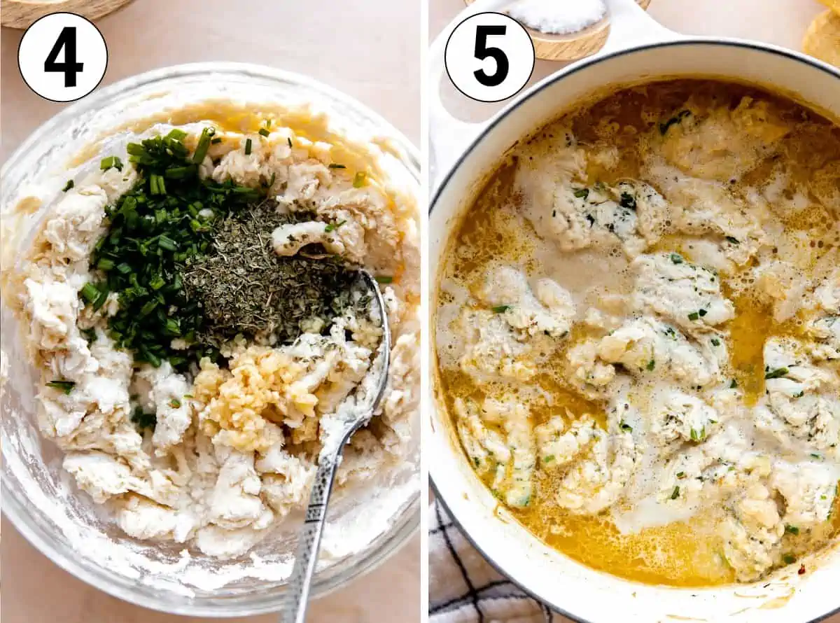 How to make Chicken and Dumplings, showing mixing the biscuit dough and adding by scoops to the soup.