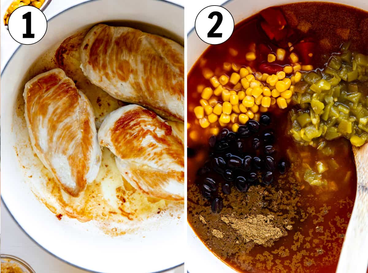How to make Enchilada Soup, showing searing chicken, then creating the broth and adding the additional ingredients. 
