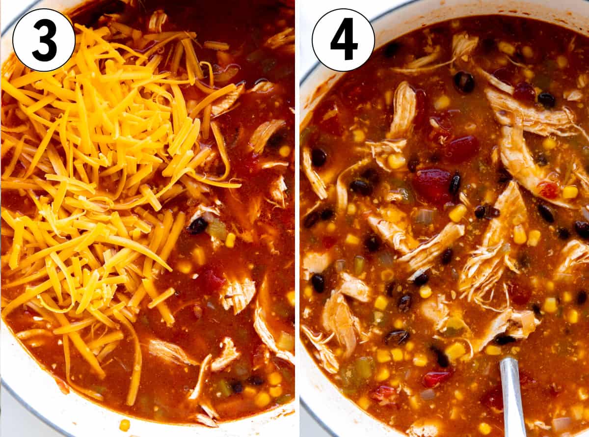 How to make Enchilada Soup, showing soup cooked, chicken shredded and cheese being added in, then the finished soup.
