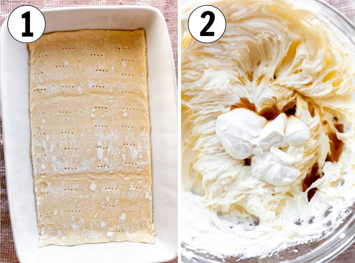 How to make sopapilla cheesecake bars, showing baking the bottom crust, then mixing together the cheesecake layer. 