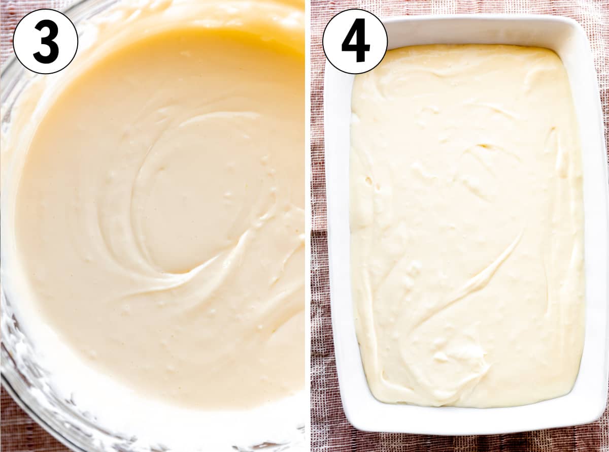 Smooth and creamy cheesecake layer for sopapilla cheesecake, then spread evenly into a baking dish on top of crust. 