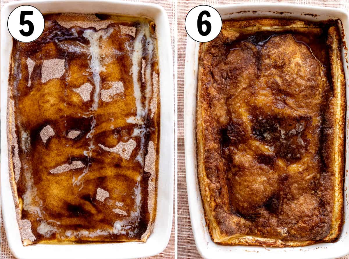 The top crust added onto the cheesecake to make sopapilla cheesecake bars, then topped with cinnamon sugar and drizzled with butter. Then shown after baking. 