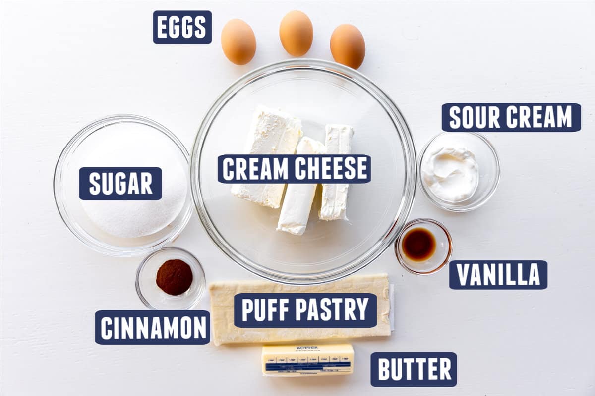 Ingredients needed to make sopapilla cheesecake laid out on thru counter. 