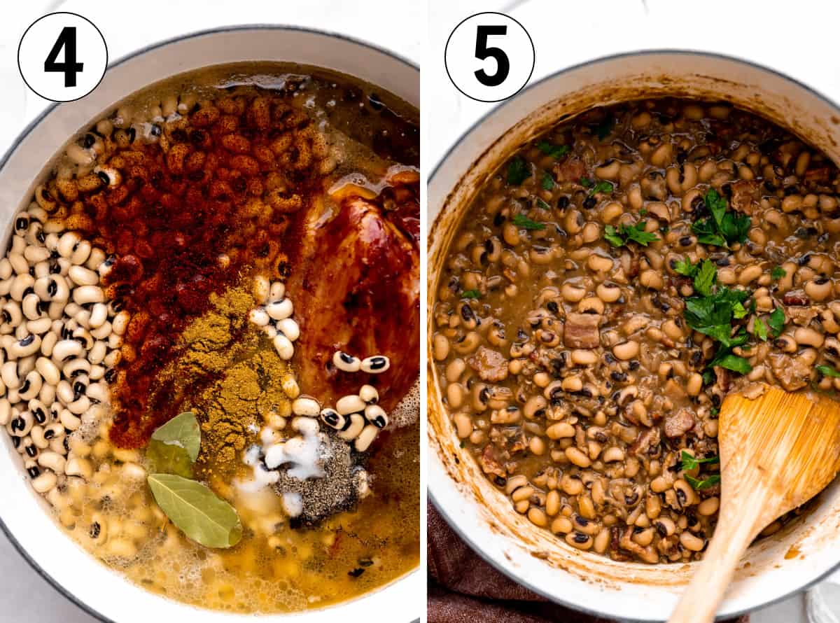 Spices being added to a pot of black eyed peas, before and after cooking.