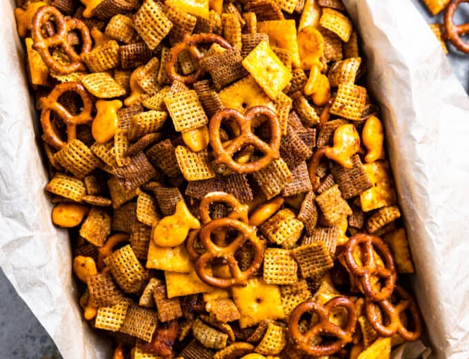 Tray filled with spicy Chex mix.