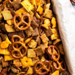 Box filled with a spicy chex mix.