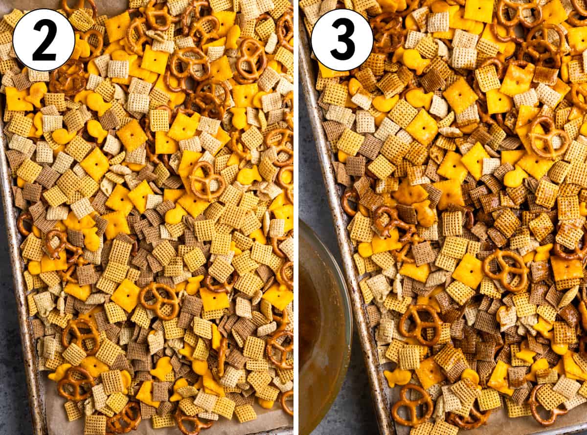 Chex mix before spicy butter added and then after.
