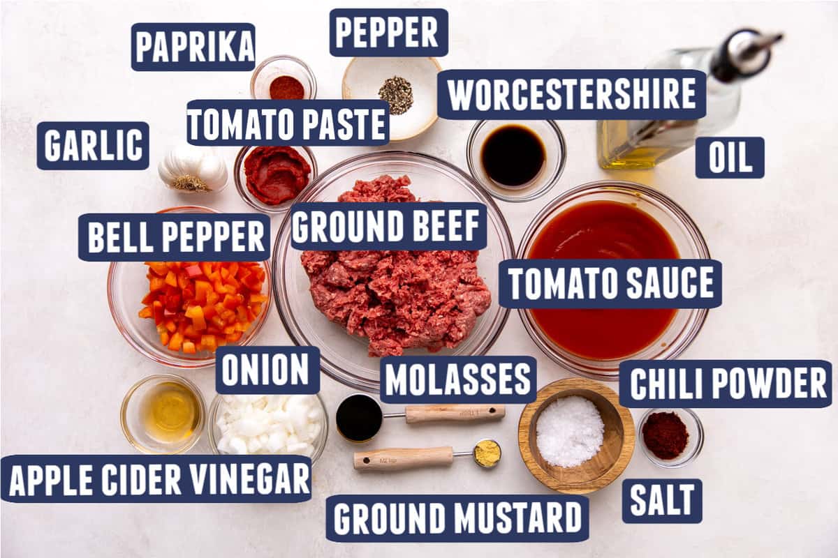 Ingredients needed to make homemade sloppy Joe sauce laid out on counter.