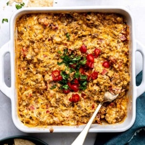 White baking dish filled with baked rotel dip topped with cilantro and chopped tomatoes.