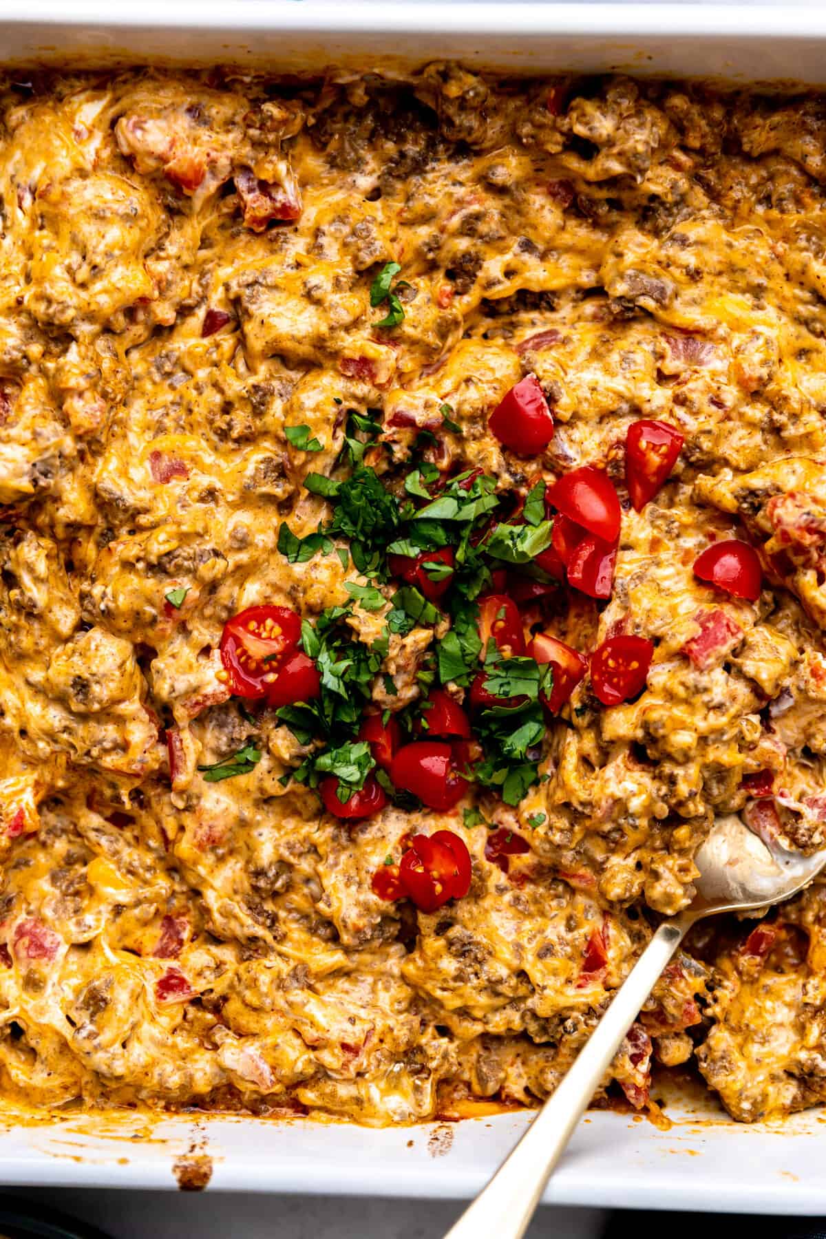 Up close picture of creamy rotel dip topped with tomatoes and cilantro served with a spoon. 