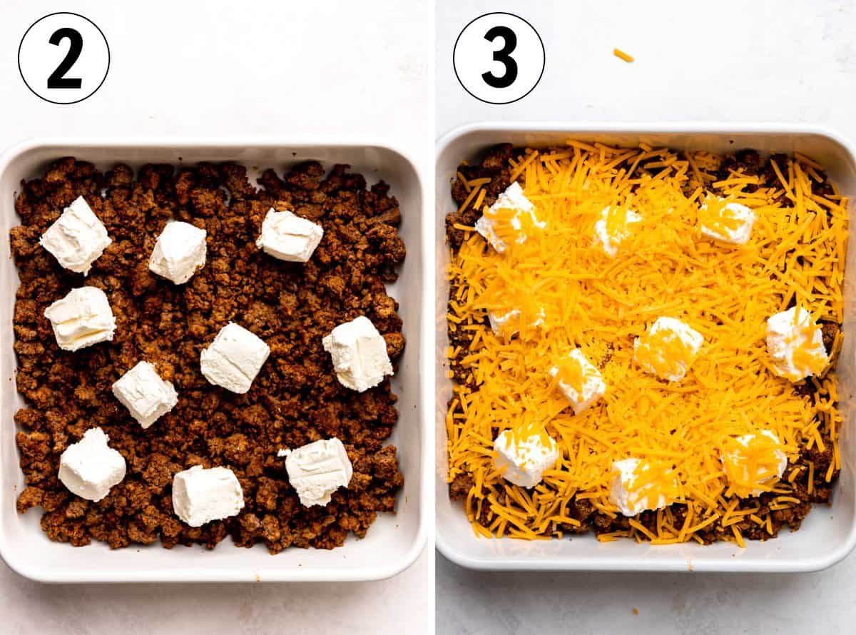 How to make baked rotel dip in a baking dish, showing cooked ground beef topped with cream cheese and shredded cheese. 