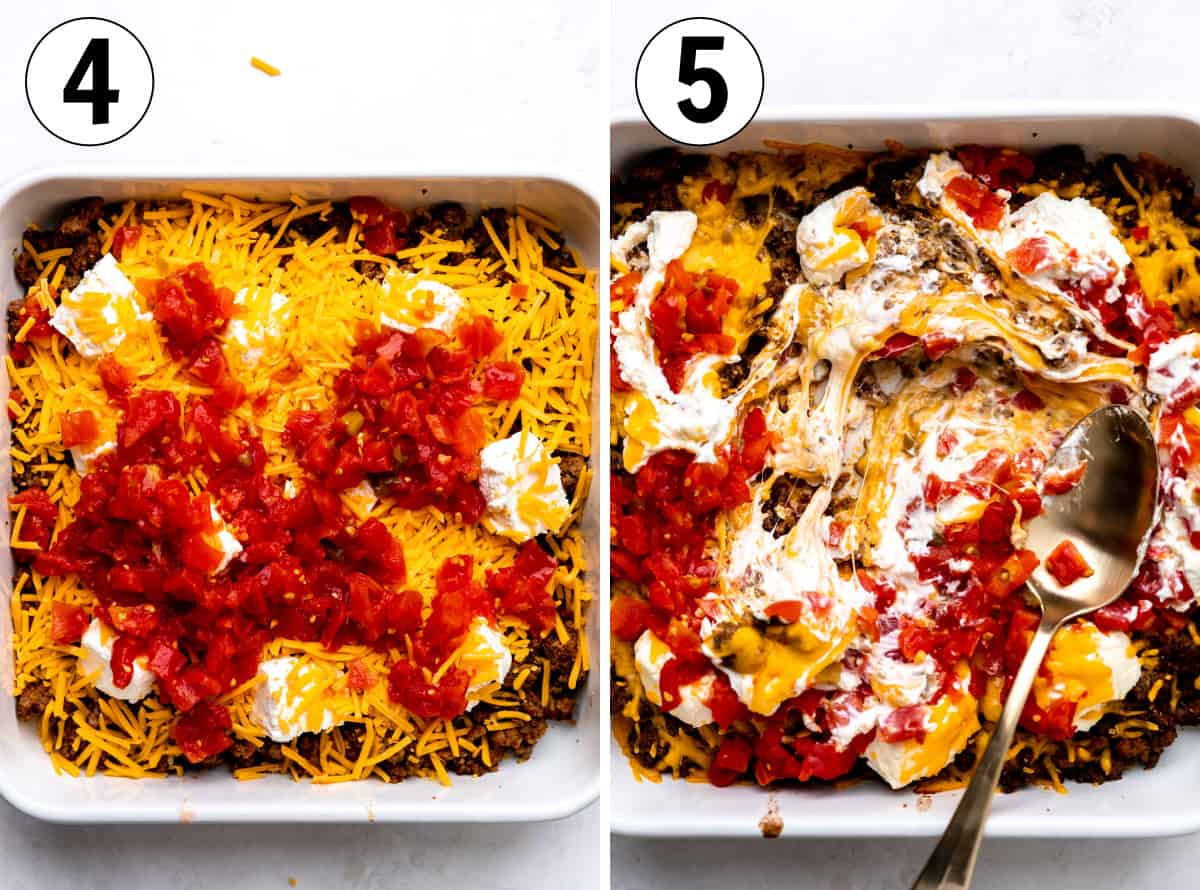 White baking dish with ground beef, cream cheese, shredded cheese and rotel before and after baking. 