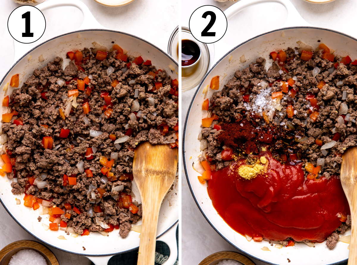 How to make old fashioned sloppy yes showing cooking ground beef in a skillet and adding ingredients for homemade sauce.