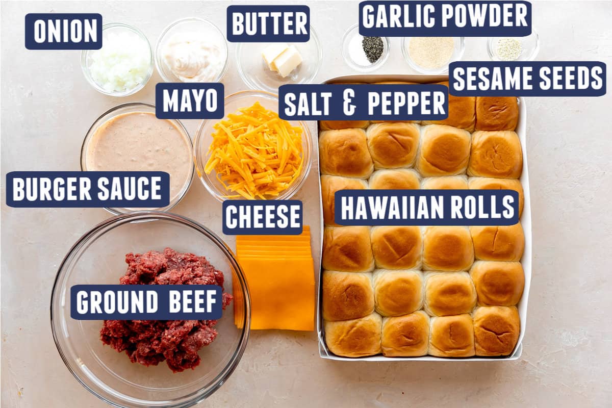 Ingredients needed to make cheeseburger sliders with Hawaiian rolls laid on the counter.
