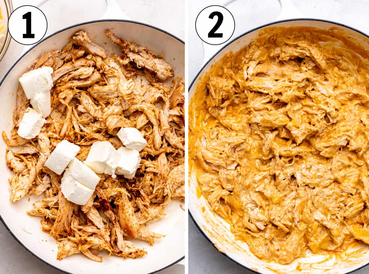 Steps of how to make chicken enchilada dip. Step 1 showing adding seasoned chicken and cream cheese in a skillet. Step 2 showing enchilada sauce and shredded cheese added to skillet.