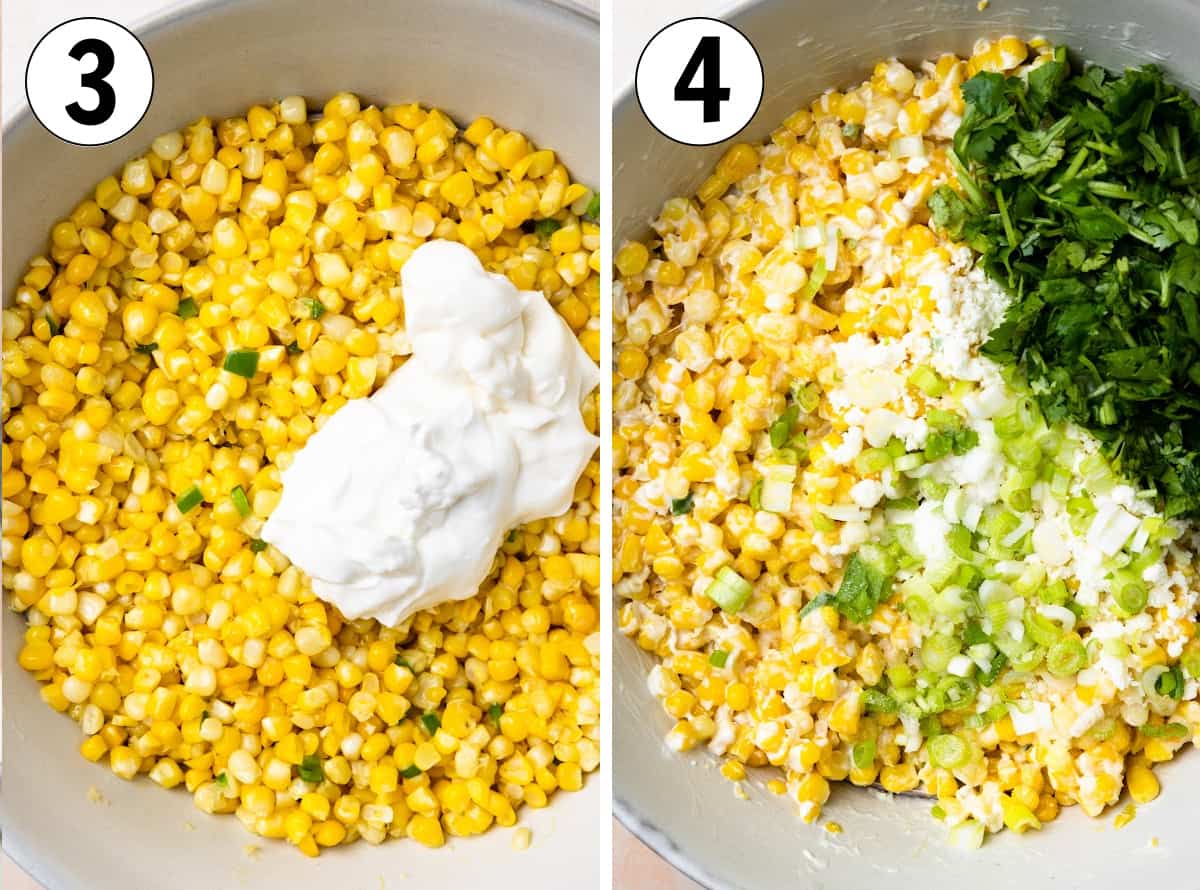 How to make elote corn salad showing adding mayo and sour cream to the corn, then adding the cilantro, green onions and cotija.  