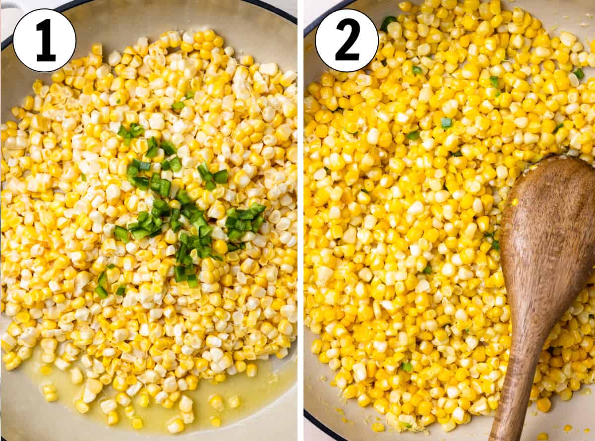 How to make elote corn salad showing sautéing the corn in a skillet with jalapeno. 