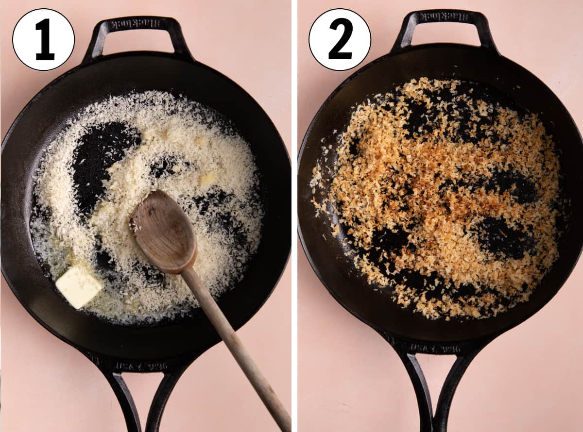 Cast iron skillet with melted butter and pano crumbs before and after toasting.