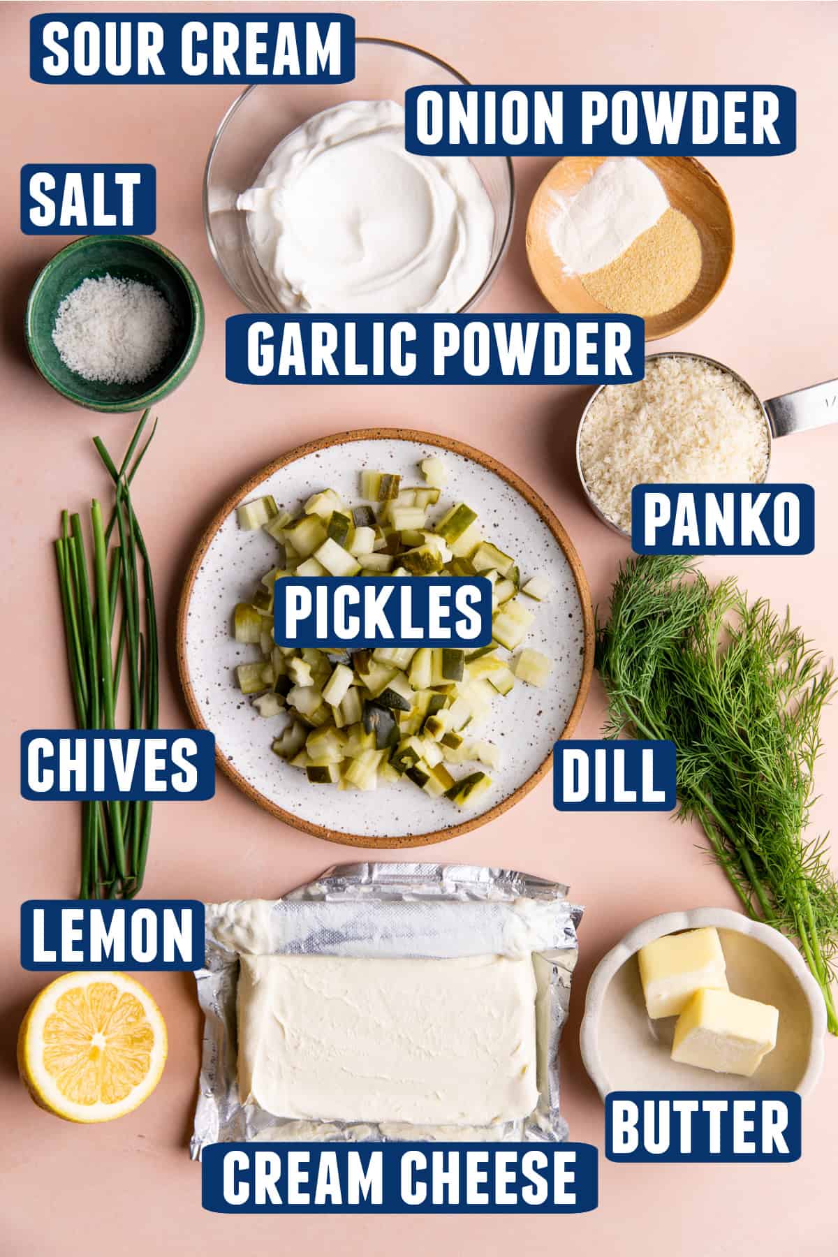 Ingredients needed to make fried pickle dip laid on the counter.