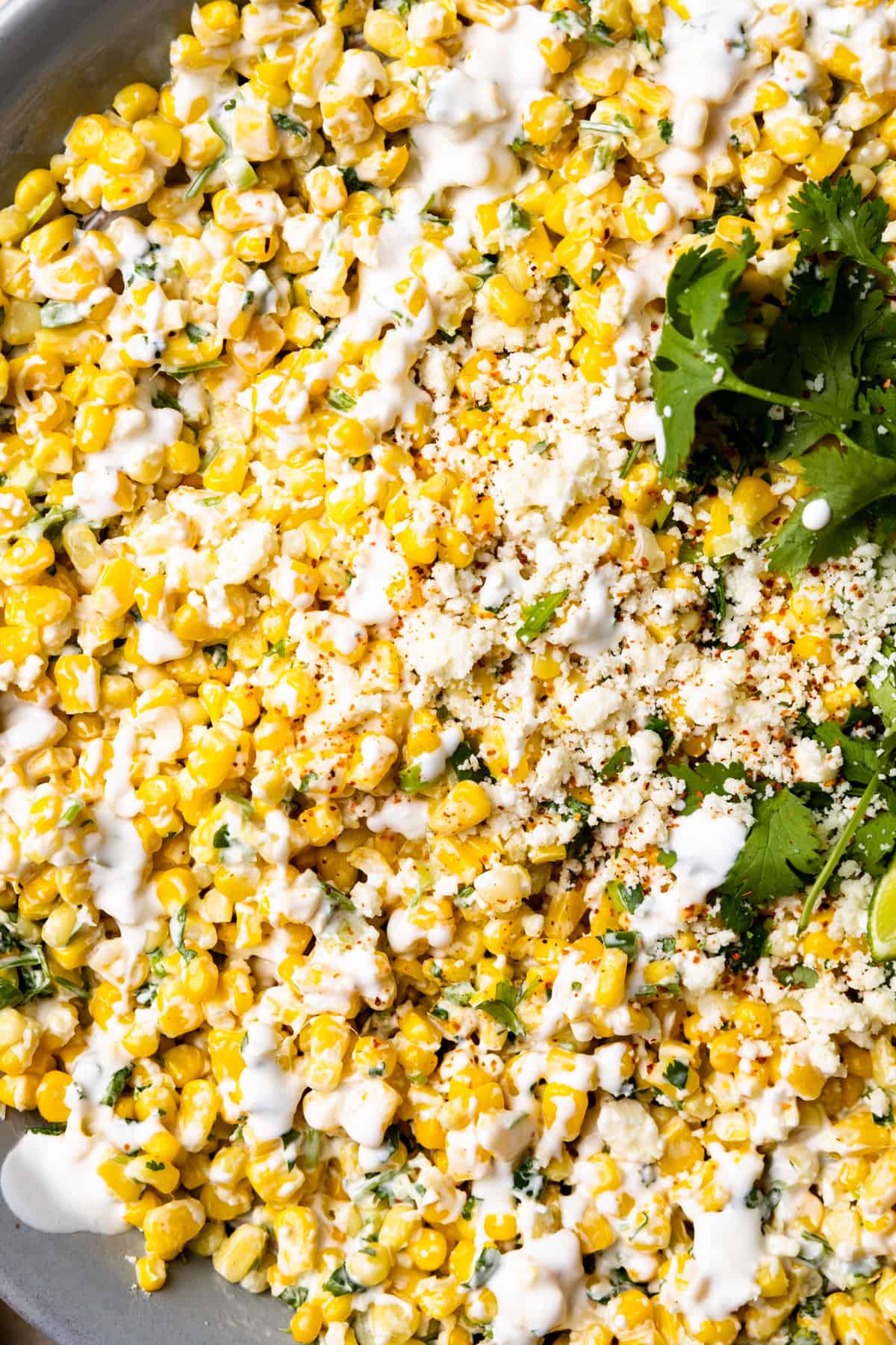 Up close image of mexican corn salad topped with fresh cilantro.