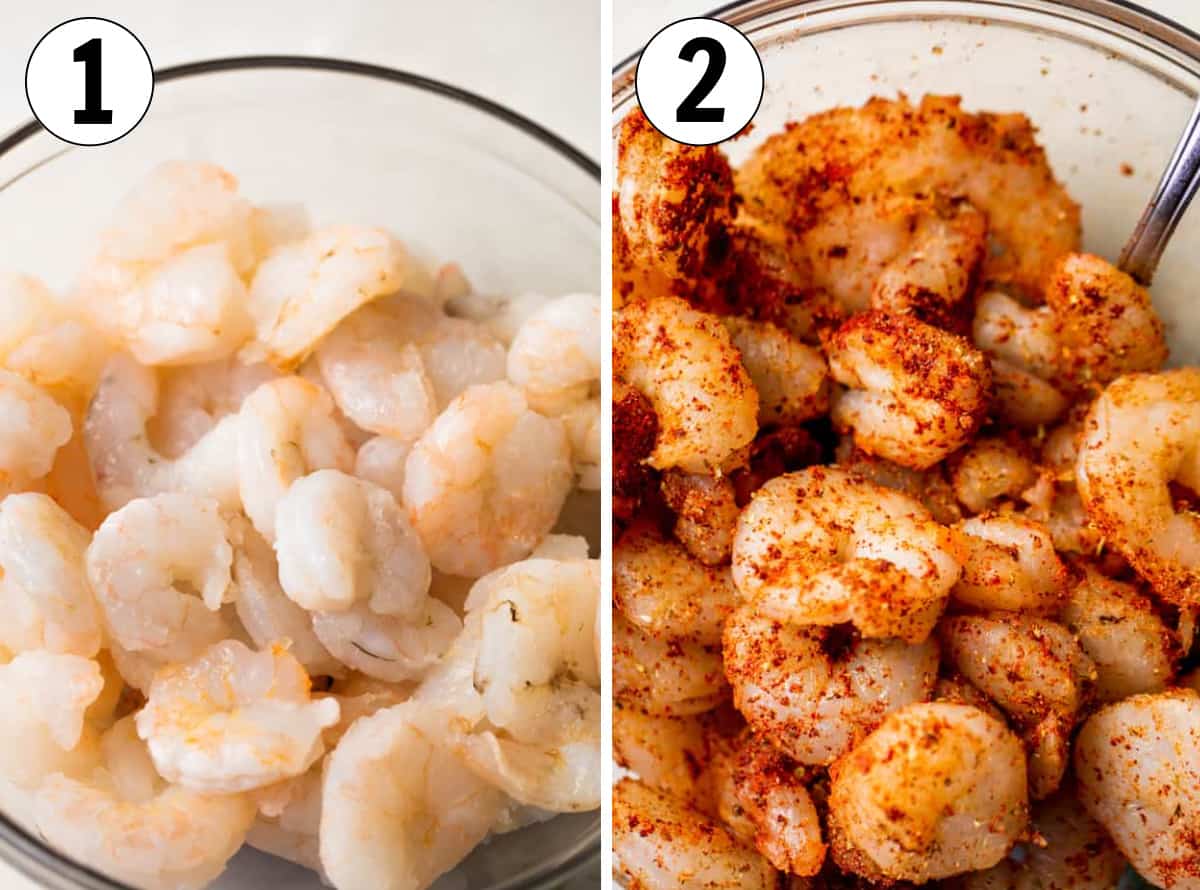 Raw shrimp in a glass bowl before and after seasoning for tacos.