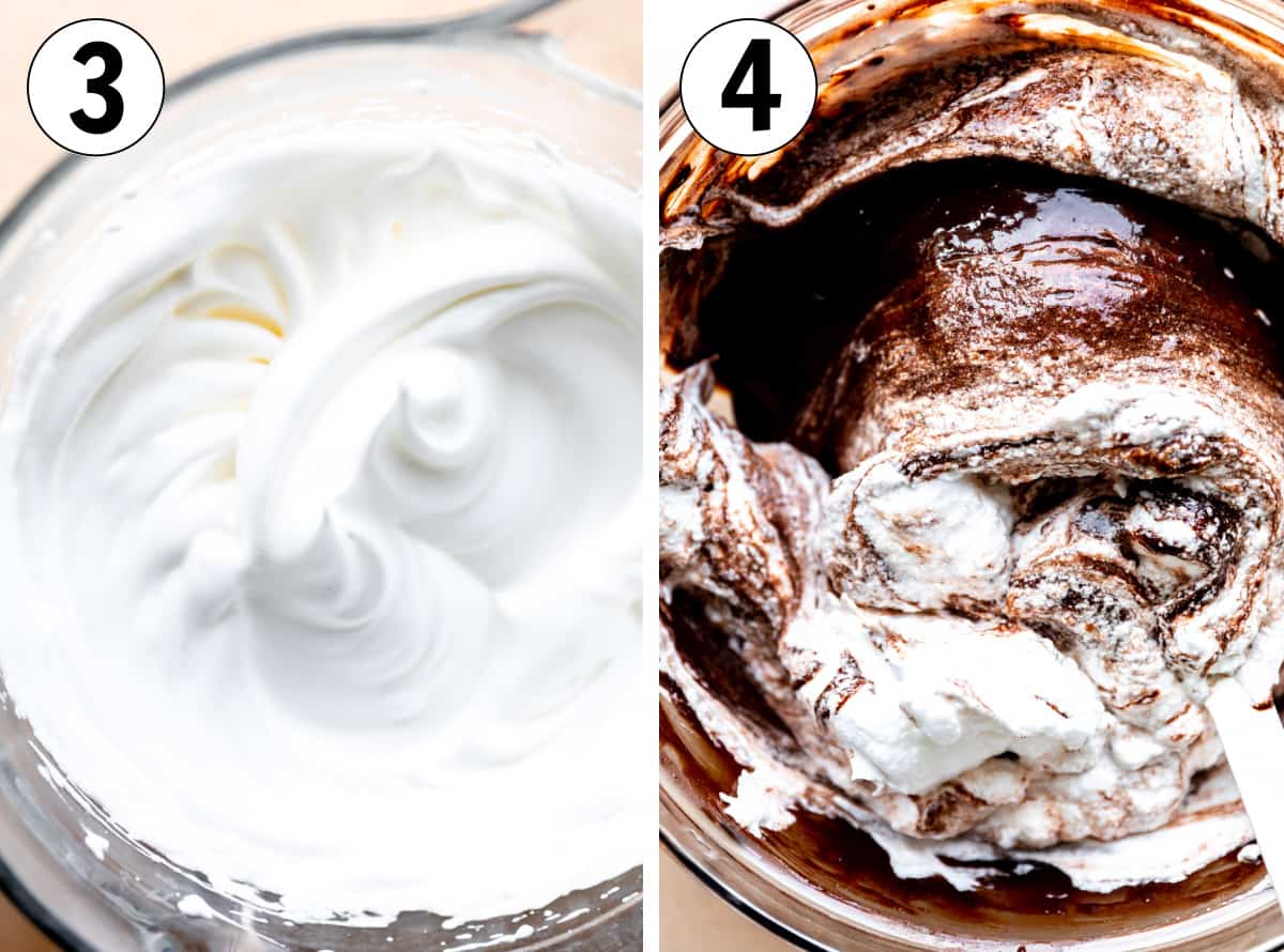 Whipped egg whites, then egg whites added to a chocolate cake batter. 